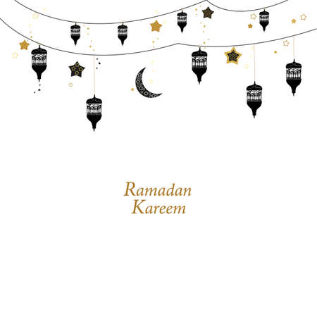Ramadan Kareem gold and black lamps, crescent and stars Traditional lantern of Ramadan greeting cardのイラスト素材