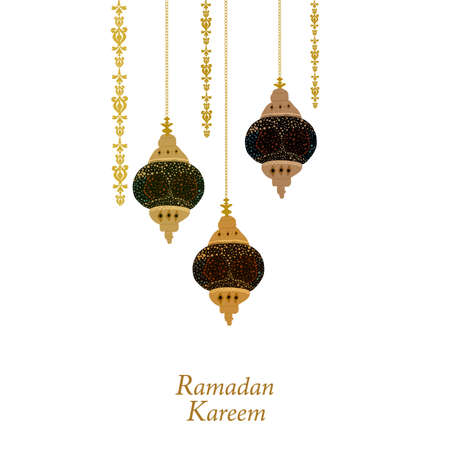 Ramadan Kareem gold decorative hanging fancy lamps, crescents and stars. Traditional lantern of Ramadan greeting cardのイラスト素材
