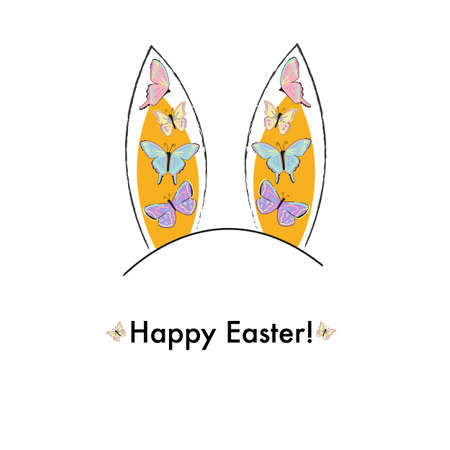 Cute bunny ears with colorful butterflies. Happy Easter greeting card spring time backgroundのイラスト素材