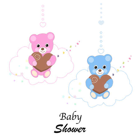 Teddy bears pink and blue teddy bears above the clouds. Baby shower, baby gender reveal, baby birthday, first year, t-shirt design element greeting card illustrationのイラスト素材