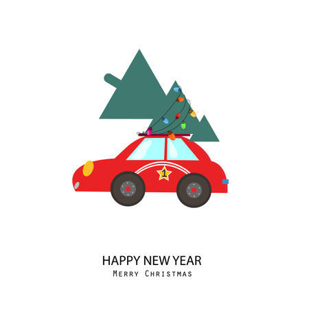 Pine tree racing car. New year tree cute Christmas greeting cardのイラスト素材