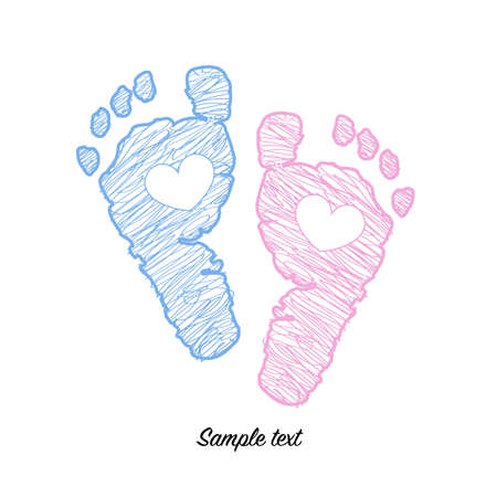 Twin baby girl and boy foot prints arrival greeting card vectorのイラスト素材