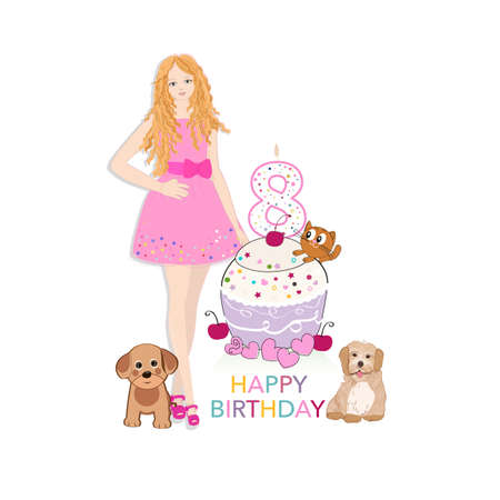 8 years candle with cute dogs and cats. baby girl toy Happy birthday greeting card. Textile design element or t-shirt design elementのイラスト素材