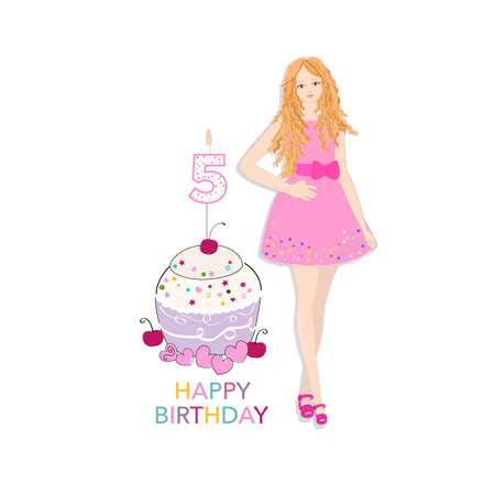5 years candle. baby girl toy happy birthday greeting card frameのイラスト素材