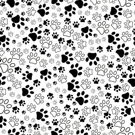 Black and white paw prints seamless fabric textile design patternのイラスト素材