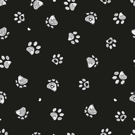 White doodle paw prints with hearts and black background seamless fabric design pattern and backgroundのイラスト素材