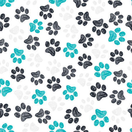 Dark space black, gray teal colored doodle paw prints seamless fabric design pattern backgroundの写真素材