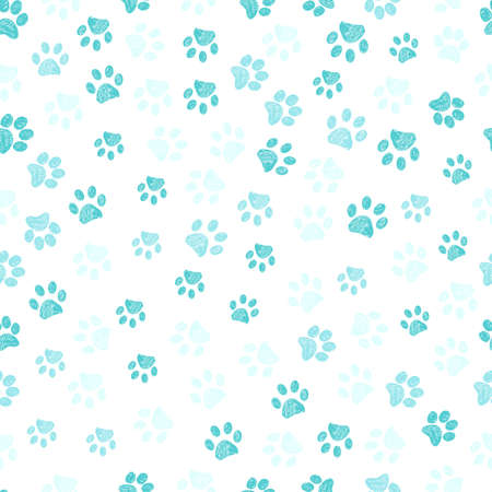 Cold winter, blue, teal colored doodle paw prints seamless fabric design pattern backgroundの写真素材