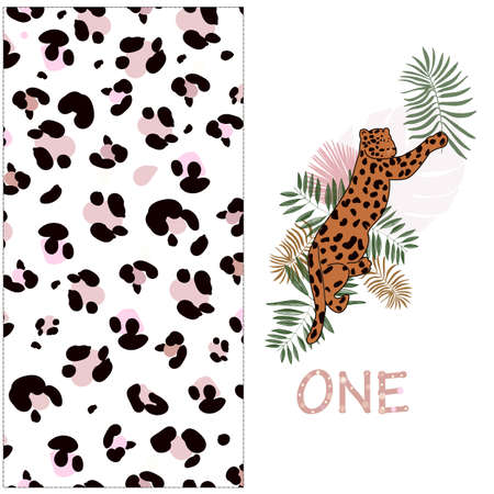 baby leopard First birthday greeting card. Leopard pattern and tropical leaves. One birthday greeting card. Fabric design seamless patternの写真素材