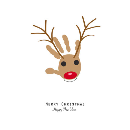 Deer with baby hand print. Happy new year greeting card, tshirt design vector elementのイラスト素材