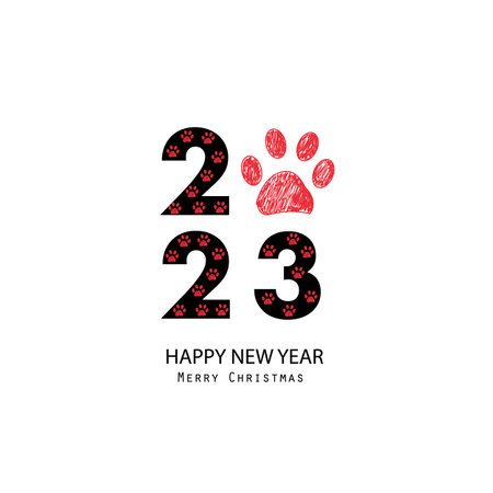 2023 text with red paw doodle paw prints. Happy new year and merry christmas greeting cardのイラスト素材