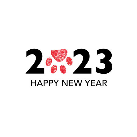 2023 text with doodle red paw print. Happy new year and merry christmas greeting cardのイラスト素材