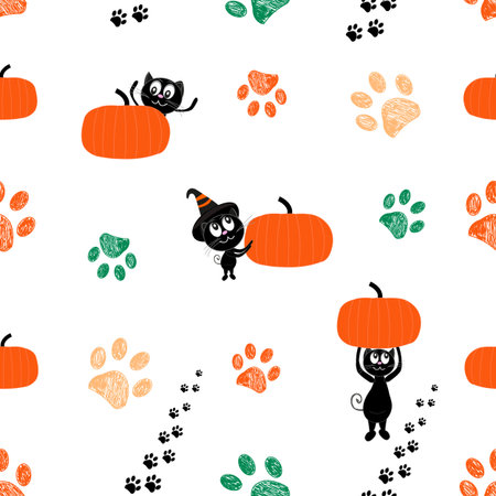 Black cute cats and pumpkins Happy Halloween card and fabric design seamless patternのイラスト素材