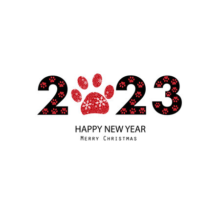 2023 text with red paw doodle paw prints. Happy new year and merry christmas greeting cardのイラスト素材
