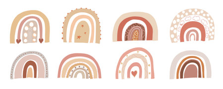 Baby shower hand drawn banner boho design rainbows greeting card. Abstract pink flower baby girl illustrationのイラスト素材