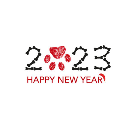 2023 text with doodle bone and paw print. Happy new year and merry christmas greeting cardのイラスト素材