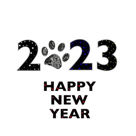 2023 text with stars and paw print. happy new year greeting card