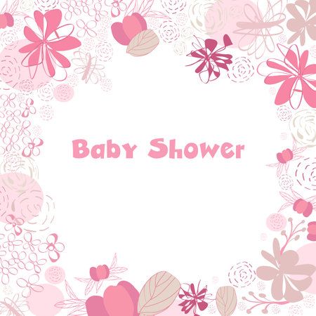 Baby shower frame design greeting card. Abstract pink flower baby girl illustrationのイラスト素材