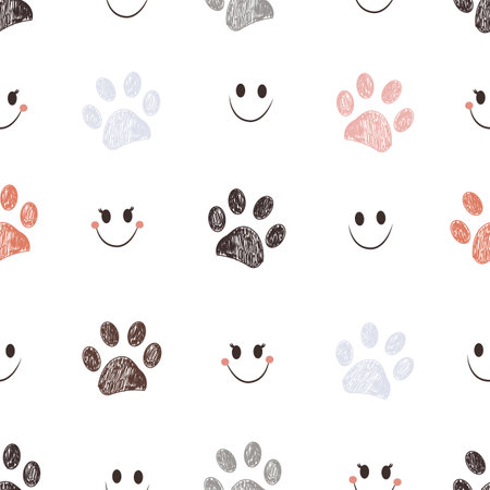 Doodle paw prints with smiling face seamless fabric design pattern and backgroundのイラスト素材