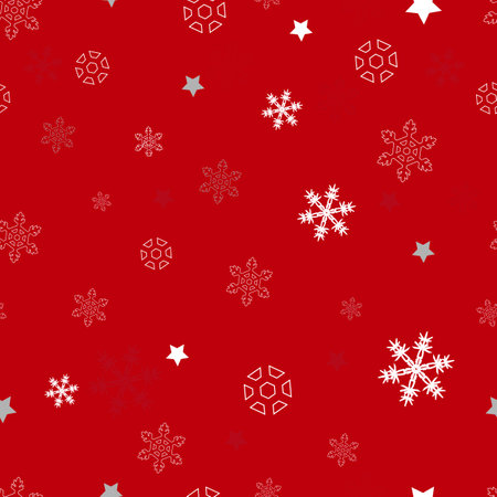 Snowflakes with red background. Seamless fabric design pattern. Happy new year, winter, children textile design patternのイラスト素材
