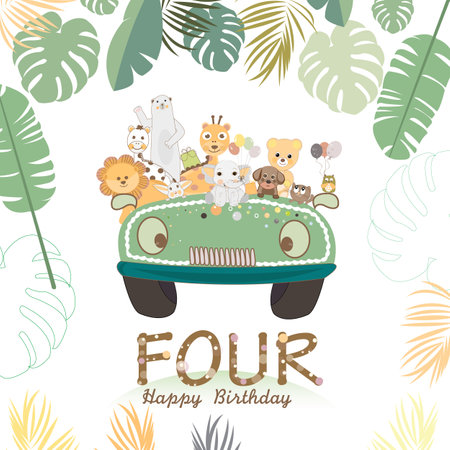 Safari birthday theme with tropical leaves baby shower, birthday, greeting card. four birthday candlesのイラスト素材