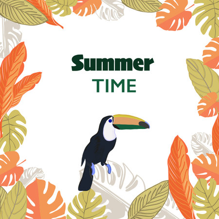Toucan birds and tropical leaves summer time frame design elementのイラスト素材