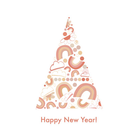 Pine tree made of rainbow, cloud and daisies greeting card. Happy new year and Merry Christmas vectorのイラスト素材