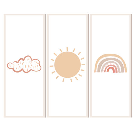 Rainbow, cloud and sun illustration. Boho nursery design kids wall room art printのイラスト素材