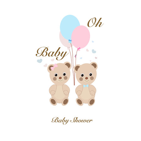 teddy bears Baby shower greeting card with teddy bear and balloon greeting card. Baby first birthday, t-shirt, baby shower, baby gender reveal party design element vectorのイラスト素材
