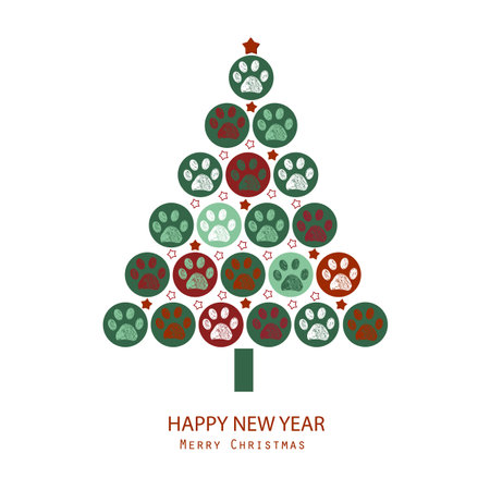 Tree made of circle and paw prints creative cat dog lovers merry christmas happy new year greeting cardのイラスト素材