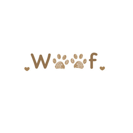 Woof text with paw print. Brown heart doodle paw prints symbol. Pet shop, kids, baby shower, tshirt, fabric textile design for children textile designのイラスト素材