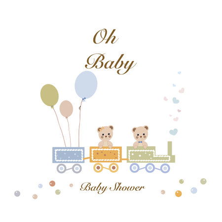 Teddy bears with train. Baby shower greeting card with teddy bear and balloon greeting card. Baby first birthday, t-shirt, baby shower, baby gender reveal party design elementのイラスト素材