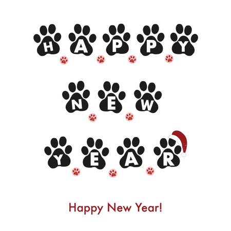 Happy new year text with black paw prints and Santa claus hat. new year greeting cardのイラスト素材