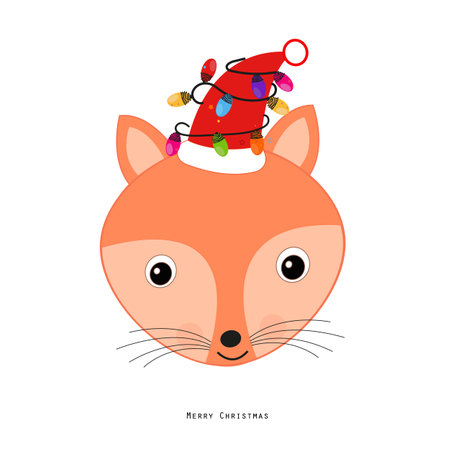 Cute fox with christmas red santa hat and light bulbs. Happy new year and merry Christmas greeting cardのイラスト素材