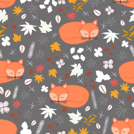 Cute sleeping fox with winter time seamless patternのイラスト素材