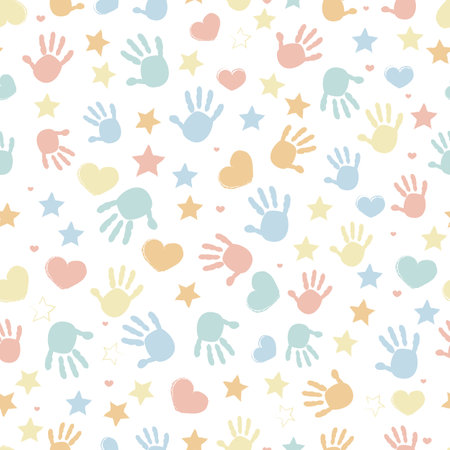 Baby hand print, stars and heart baby shower seamless fabric design patternのイラスト素材