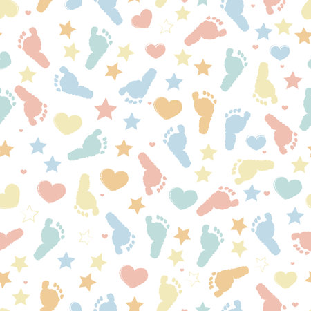 Baby foot print, stars and heart baby shower seamless fabric design patternのイラスト素材