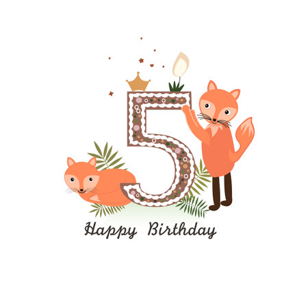 cute foxes. Safari animals fifth birthday one candle greeting card. birthday greeting cardのイラスト素材
