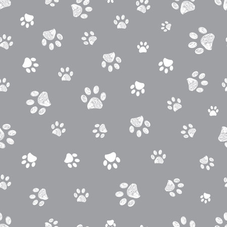 Gray background with white paw prints seamless fabric design patternのイラスト素材
