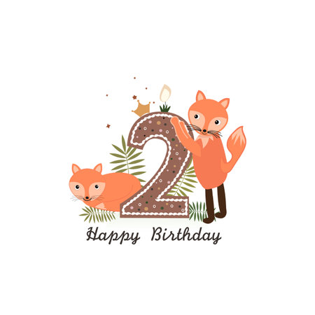 cute foxes. Safari animals second birthday one candle greeting card. birthday greeting cardのイラスト素材