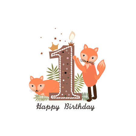 cute foxes. Safari animals first birthday one candle greeting card. birthday greeting cardのイラスト素材