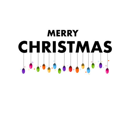 Merry Christmas text with hanging colorful light bulbs. happy new year greeting cardのイラスト素材