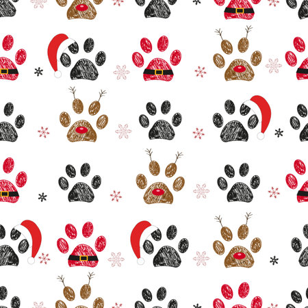Paw prints with santa claus, deer and red hat. Happy new year and Christmas design made of paw prints. seamless fabric patternのイラスト素材
