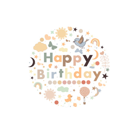 Happy Birthday text with birthday symbols circle frame design greeting cardのイラスト素材