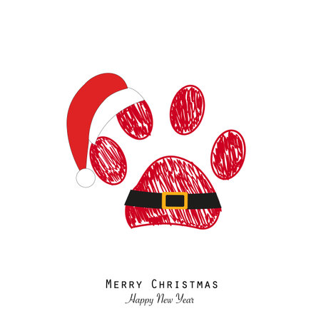 Made of paw prints Santa Claus hat. Happy new year and Christmas design background greeting cardのイラスト素材