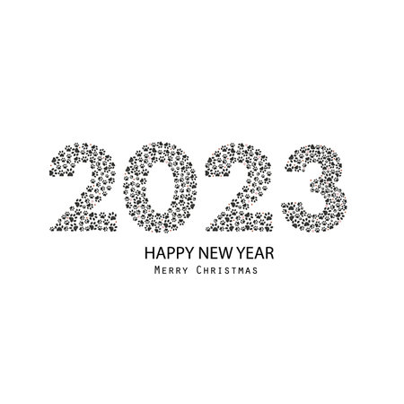2023 black and white text with black paw doodle paw prints. Happy new year and merry christmas greeting cardの写真素材