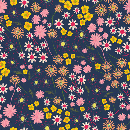 Colorful cute ditsy flowers. Floral seamless fabric design patternの写真素材