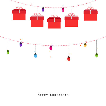Hanging gift box and light bulbs. Happy new year text with hanging colorful light bulbs. happy new year greeting cardのイラスト素材