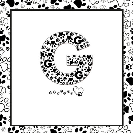 Made of paw print G letter. Black and white paw prints seamless fabric textile design pattern frameのイラスト素材