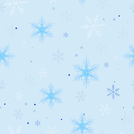 Snowflakes with blue background. Seamless fabric design pattern. Happy new year, winter, children textile design patternのイラスト素材